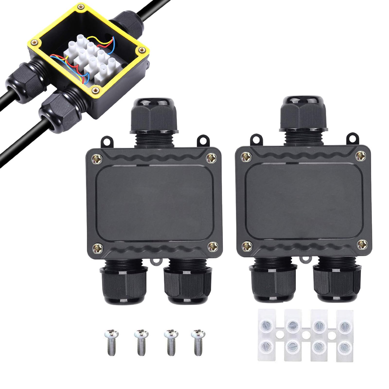 CTRICALVER IP68 Waterproof Junction Box, Type Y 3 Way Outdoor Weatherproof Electrical Junction Box with Black Plastic Gland, Waterproof Cable Connector with Terminal