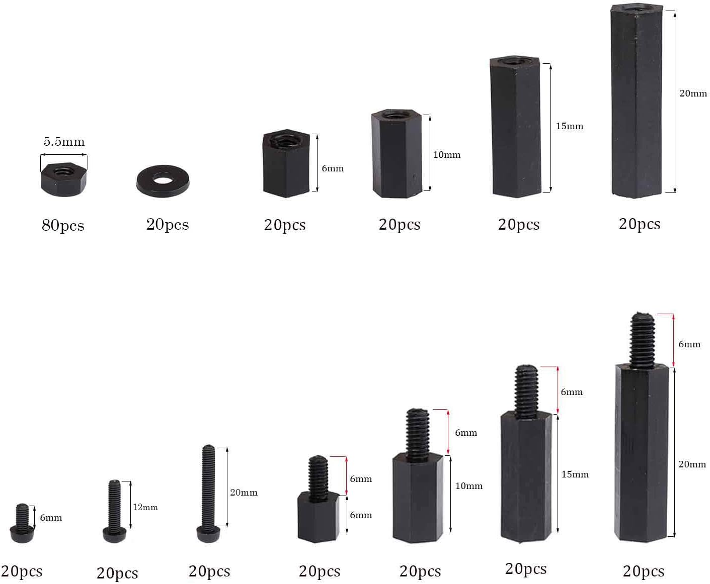 Litorange 320PCS M3 Male Female Nylon Hex Spacer Standoff Screw Nut Threaded Pillar PCB Motherboard Assorted Assortment Kit (Black) - Image 3