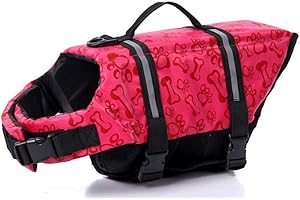 ChezAbbey Dog Life Jacket Adjustable Dog Lifevest Swimsuit Safety Vest Apparel Lifesaver Coat for Small Large Cats Puppy Kitty with Handle Reflective for Swimming and Boating Pink Bone XS