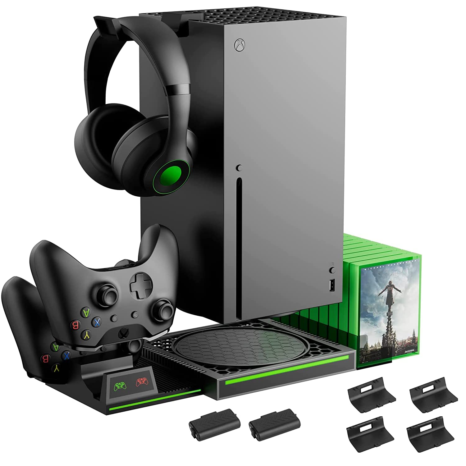 Vertical Stand Compatible with Xbox Series X Console, Dual Charging Station with 2 Rechargeable Battery for Xbox Series X Controller, with 10 Game Card Slot and Headphones Holder & 4 Cover…