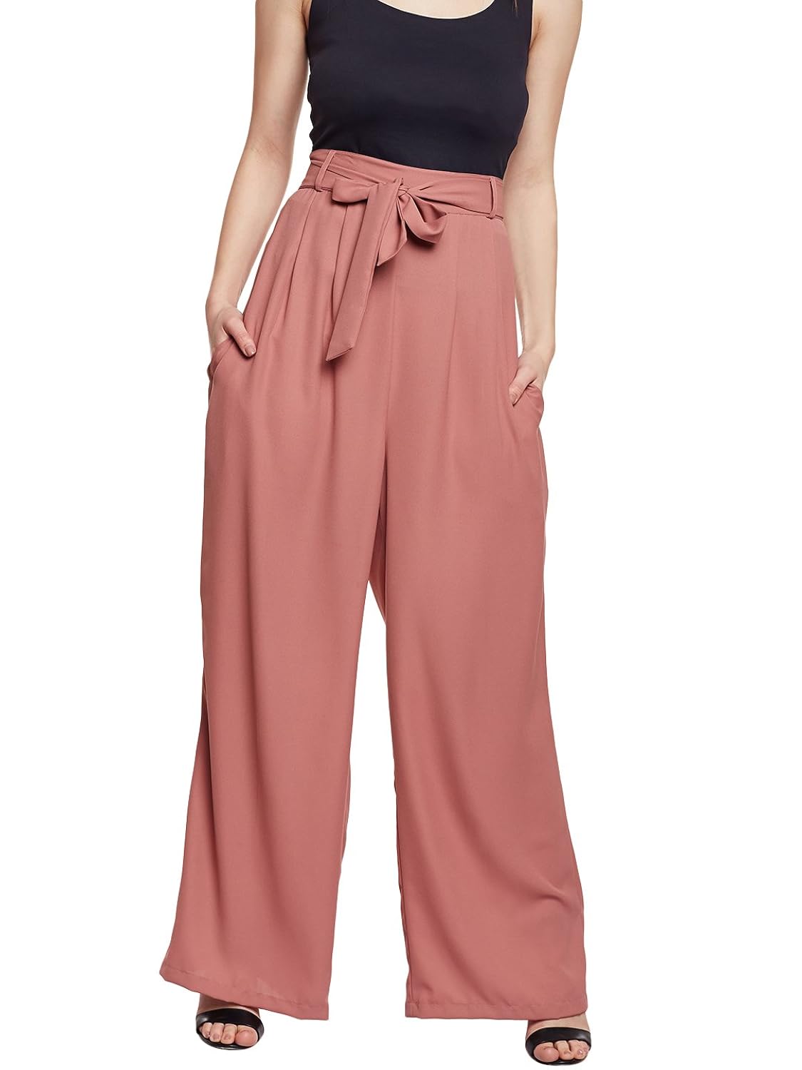 tan colour solid high waist wide leg trouser