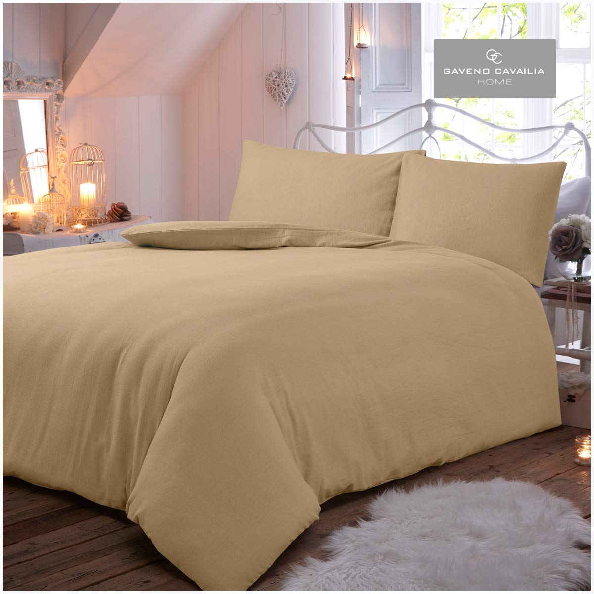 Gaveno Cavailia Luxury Brushed 100% Cotton Plain Dyed Flannel Duvet Set, [ Double - Natural ]