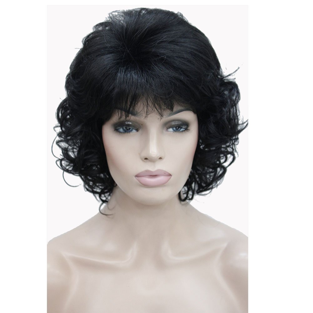 Lydell 12" Short Curly Wigs Soft Shaggy Layered Classic Cap Full Synthetic Wigs (Black)