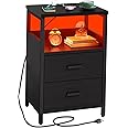 KHLJJU LED Nightstand with Charging Station, Side Table with USB Ports and Outlets, End Table for Small Spaces, Black Bedside Tables for Bedroom, Living Room, Office