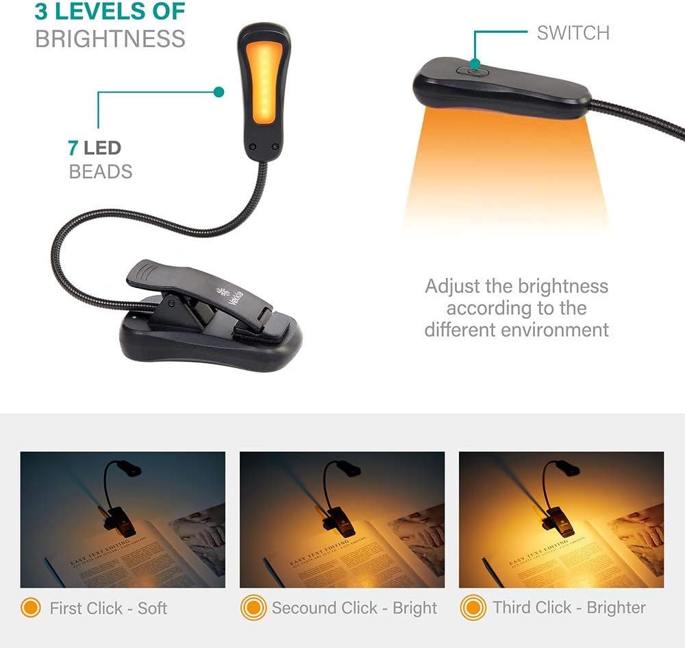 Vekkia Amber Rechargeable 7 Led Eye-Care Book Light,Blue Light Blocking Reading Light,3 Levels,1600K for Strain-Free, Healthy Eyes.Up to 70 Hours Reading.Perfect Gift for Bookworms.: Home Improvement