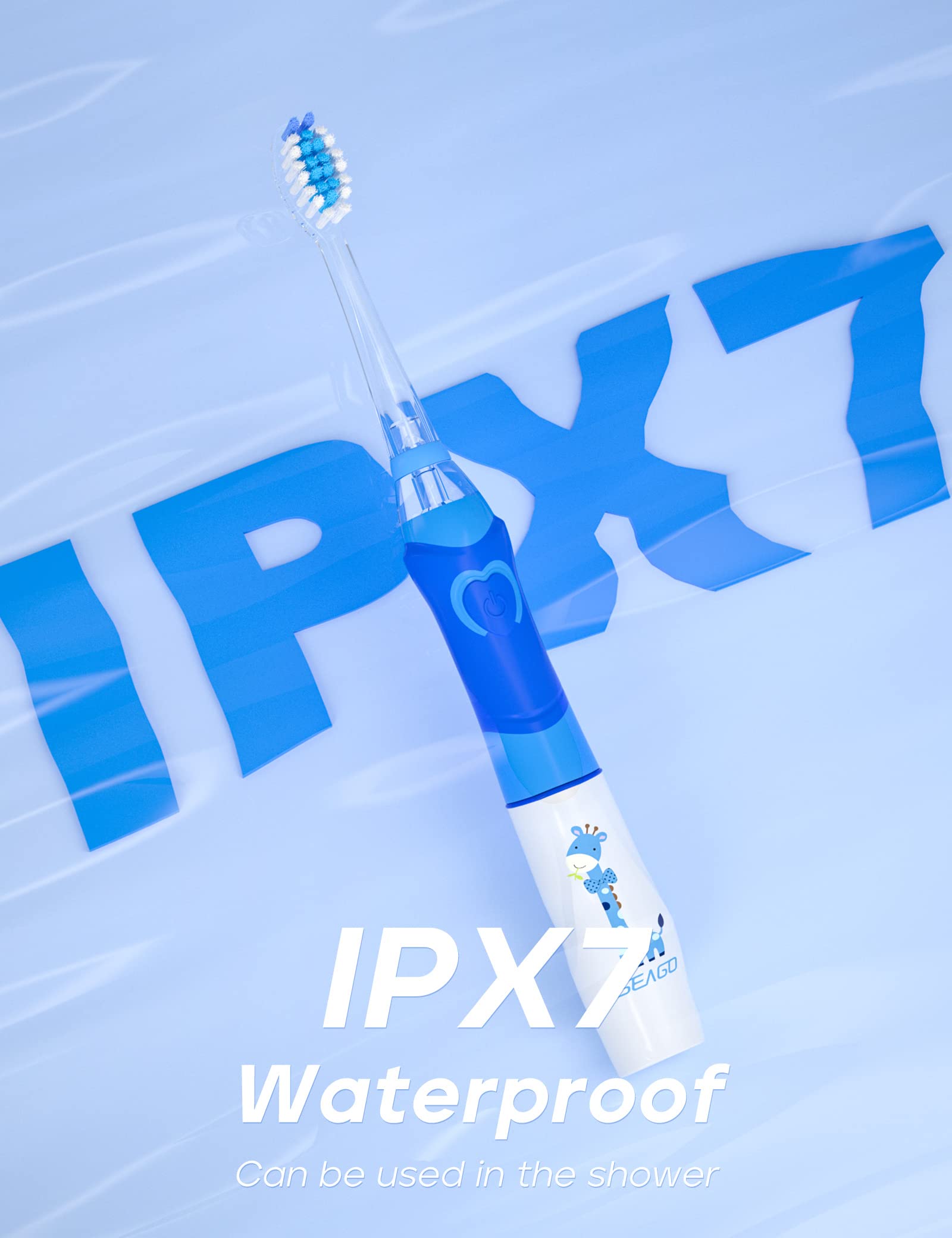 SEAGO Kids Electric Toothbrush with 2 Mins Brushing Timer and 4 Replacement Bursh Heads, Rainbow LED Light Make Brushing Fun, Blue Color Boys Battery Powerd Toothbrush for 4-12 Years Old，SG-977