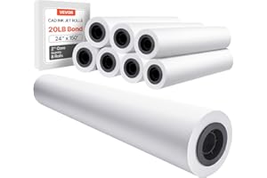 VEVOR Wide Format Paper, 24 in x 150 ft Plotter Roll, 8 Rolls CAD Bond Rolls with 2 in Core, 20 LB Bond Paper Rolls, Ideal fo