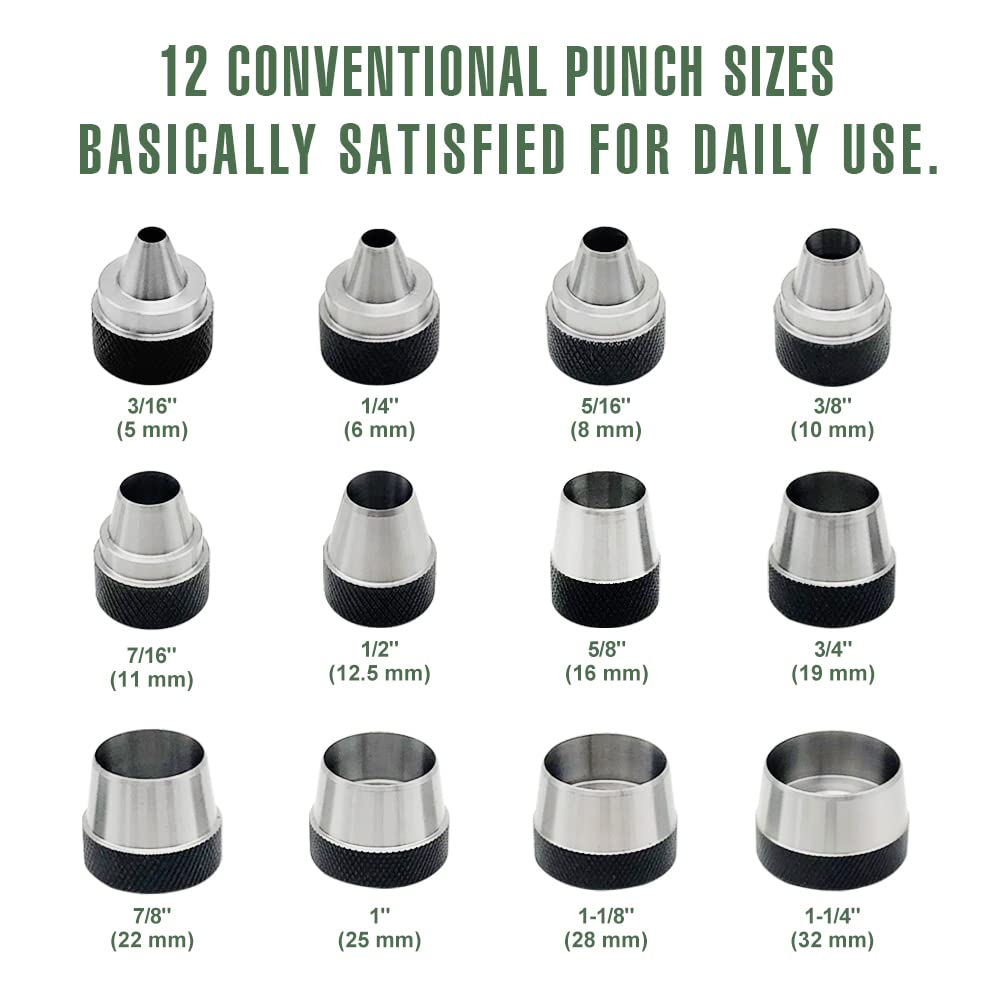 12 in 1 Gasket Punch Set with Sharp Leather Hole Punches, Hollow Punch Set for Leather, 3/16'' to 1-1/4'' Hole Punch Kit with Handle