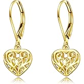 14k Gold Heart Dangle Earrings Yellow Gold Filigree Heart Drop Earrings Fine Gold Leverback Earrings Jewelry Christmas Gifts for Women Her