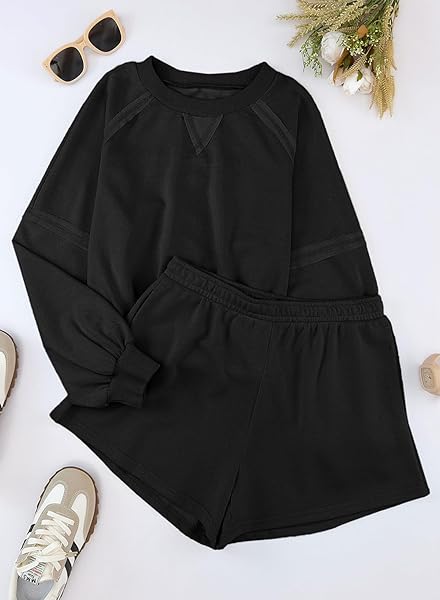 ALEUMDR WOMEN’S TWO PIECE OUTFITS LOUNGE SETS SWEATSHIRT LOUNGEWEAR SHORTS PAJAMAS SET 2023 FALL MATCHING SWEAT SET BLACK MEDIUM