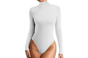 REORIA Women's Basic Long Sleeve Ribbed Turtleneck Leotard Stretchy Bodysuit Tops Jumpsuits