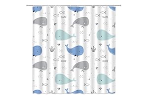 VPUPCN Cartoon Whale Shower Curtain Cute Ocean Animal Blue Gray Abstract Fish Nautical Theme Funny for Kids Girls Boys Polyester Curtains Bathroom Decor with Hooks 70" Wx70 H