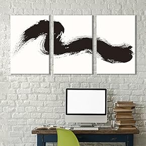 3 Panel Canvas Wall Art - Black Single Brush Stroke Ink Art - Giclee Print Gallery Wrap Modern Home Art Ready to Hang - 16"x24" x 3 Panels