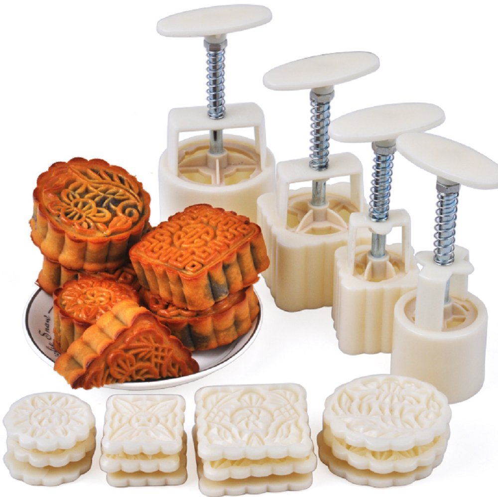 Xshelley Manual Pressure Moon Cake Mold Baking Mold Christmas Cookie Maker Tool 4 Set with 12 Stamps