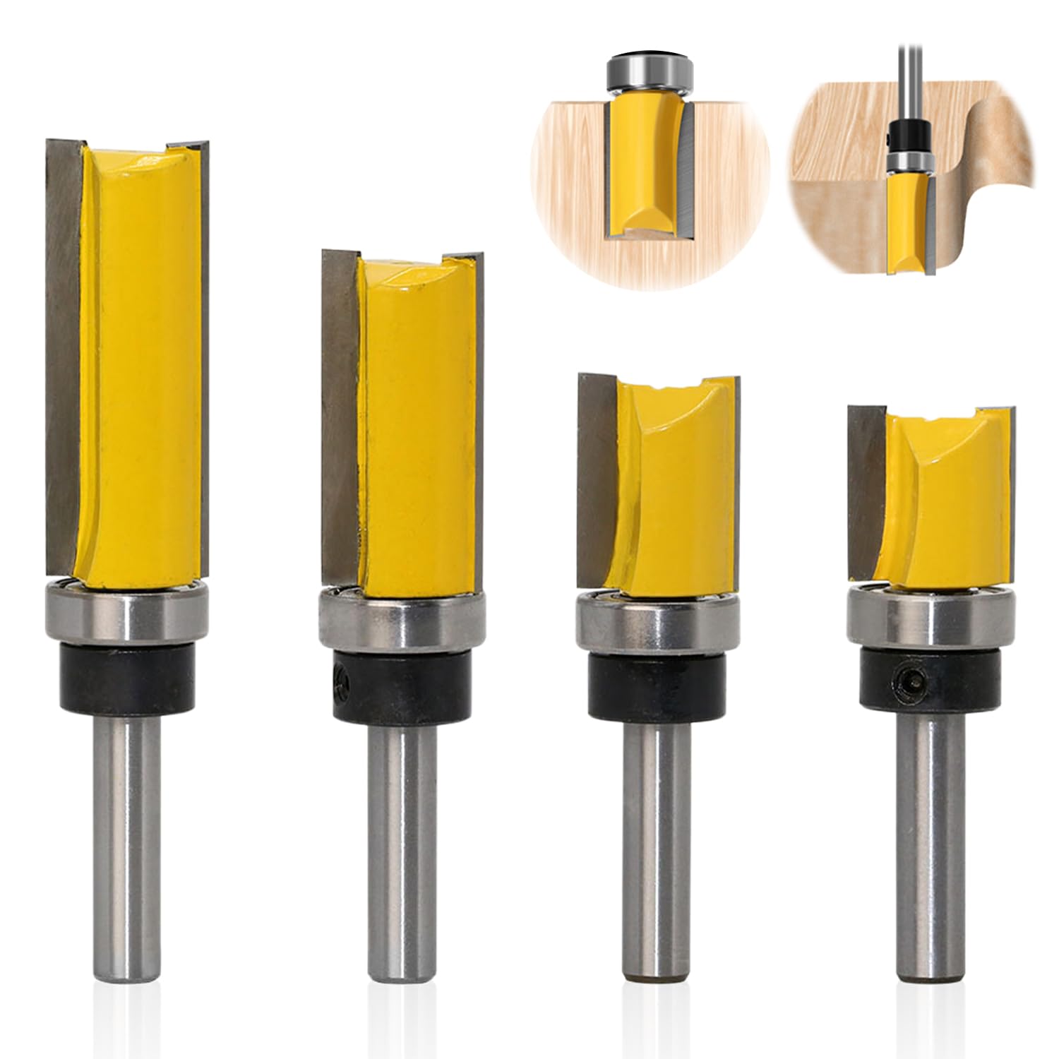 Pack of 4 Copy Cutters Flush Cutter 8 mm Shank, Flush Cutter Ball Bearing, Groove Cutter 8 mm Shank, Ent Flush Cutter, Milling Head for Router, Milling Bits for Woodworking (8 mm Shank)