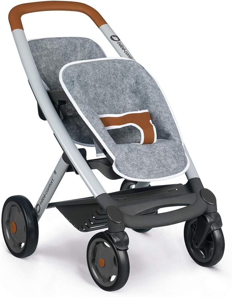 Smoby- Bébé Silla Gemela Bebé Confort para Muñecos, Ruedas Silenciosas y Multidireccionales, Altura del Mango: 64cm, para niños a Partir de 3 años, Color Gris (253205)