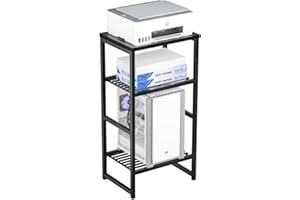 GEORIS Industrial Printer Stand 3 Tier, Home Printer Wood Table with Wire Storage Shelf for Scanner Fax Machine, Heavy Duty Metal, Black