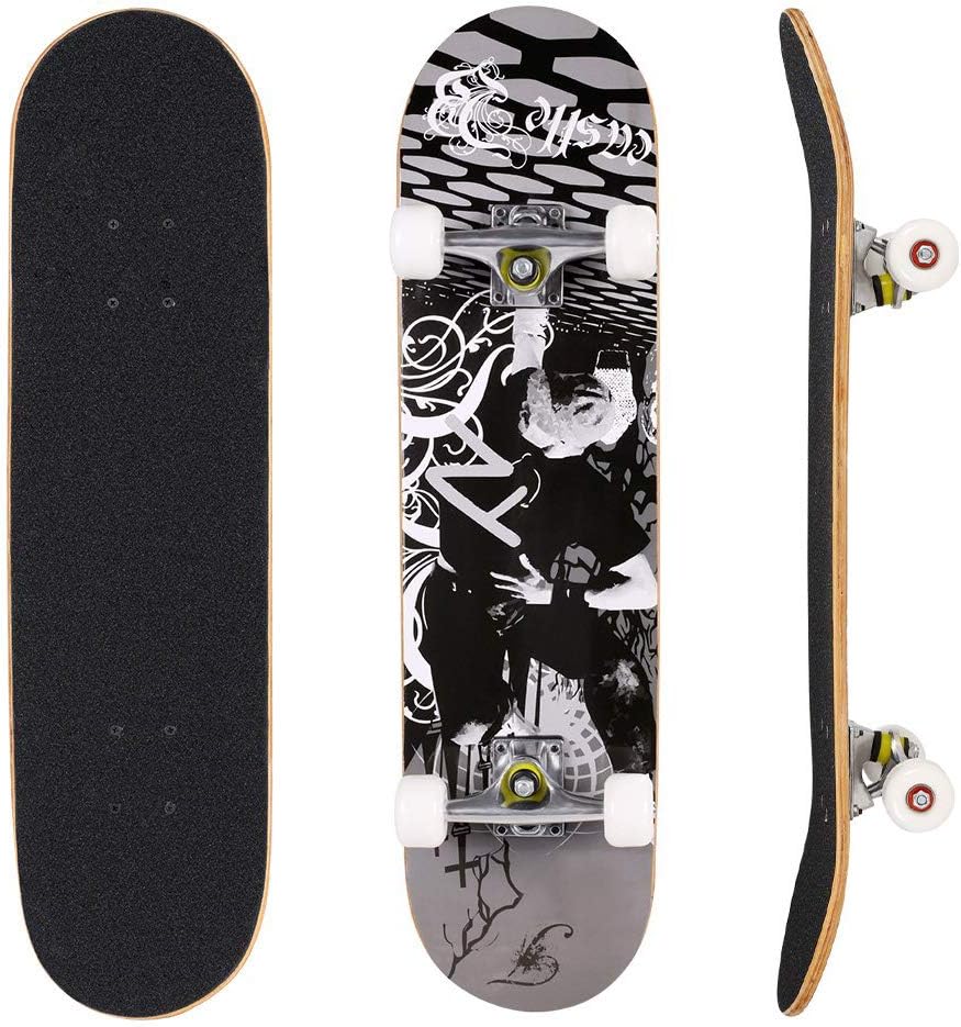 YUEBO Skateboard 31" x 8" Complete PRO Skateboard, Double Kick Concave Design 9 Layer Canadian Maple Wood Adult Tricks Skate Board for 5 Up Years Old Beginner, Kids, Boys, Girls