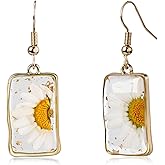 Desnuage Dainty Pressed Daisy Earrings for Women 14K Gold Plated Resin Flower Dangle Earrings Handmade Statement Rectangle Dry Flower Jewelry