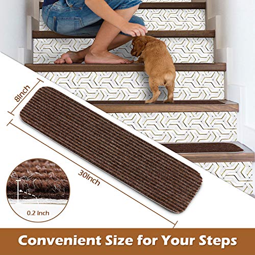Seloom Stair Treads Carpet Non-Slip with Non Skid Rubber Backing Specialized for Indoor Wooden Steps, Washable Step Rugs Perfect for Dogs(Brown3, 15-Pack, 8 x 30 in)