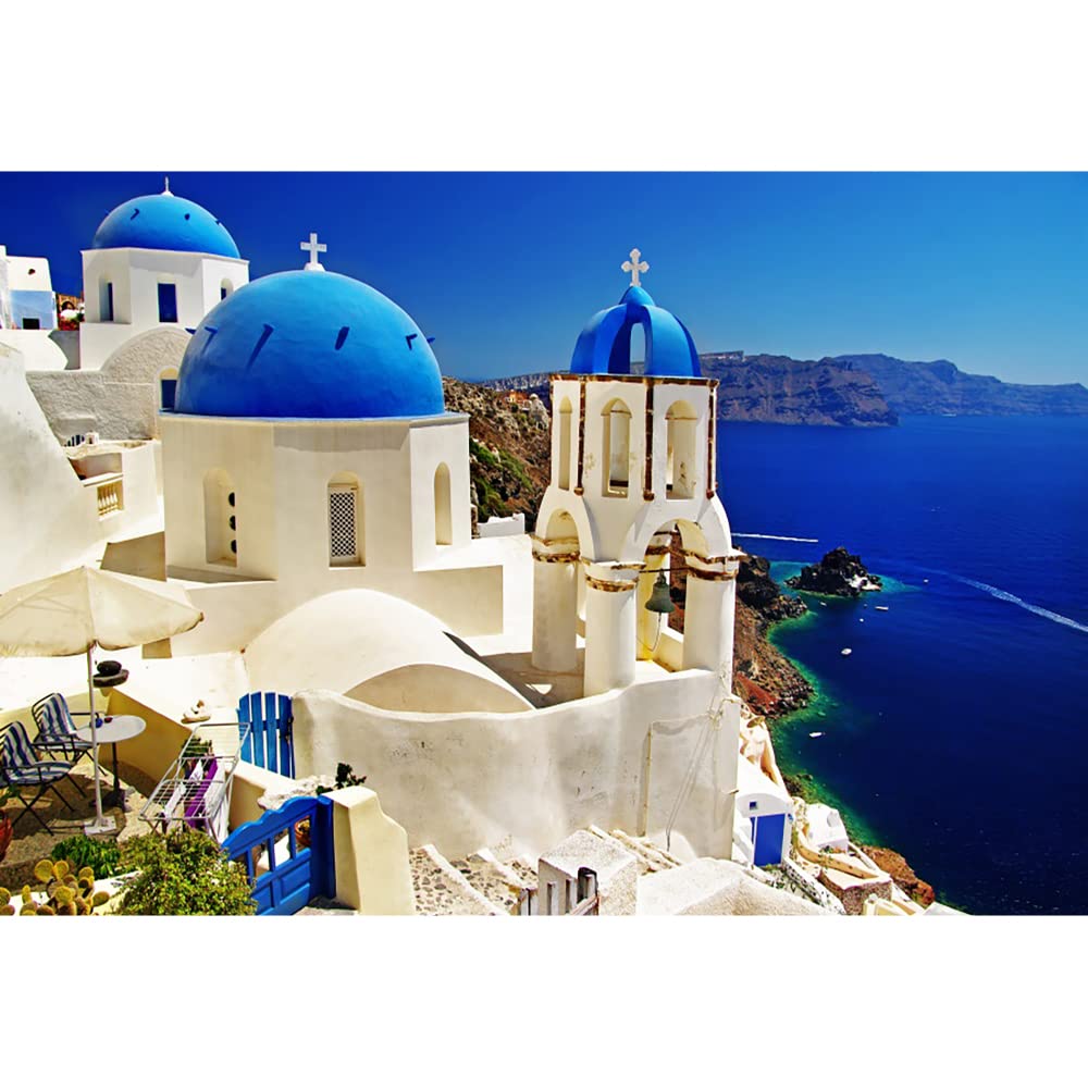 Aoihrraan 3,5x2,5m Santorini Scenery Backdrop Greece Blue Sea Oia Village Coastal Landscape Photography Background Kids Adults Vacation Portrait Lover Wedding Party Decoration Photo Studio Props