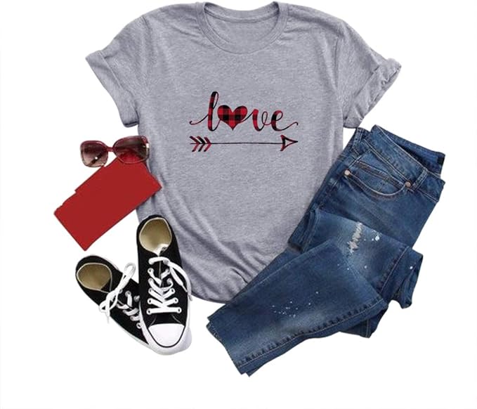 Womens Valentines Day Shirt Plaid Heart Love Shirt Raglan Baseball Tee for Women (Light Grey 2, S)