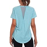 Beuwltpa Women's Long Workout Tops,Short Sleeve Dry-Fit Mesh Open Back Loose Fit Gym Athletic Running Shirts Exercise Tee