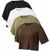 Femdouce 4 Pack Women's Workout Crop T Shirts Cotton Round Neck Short Sleeve Tops Trendy Casual Athletic Running Tees