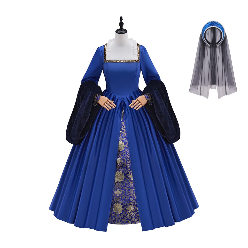 Photo 1 of **ZIPPER NEEDS. STITCHING ** Tudor Queen Anne Boleyn Costume Dress Renaissance Elizabethan Tudor Costume Women Ball Gown with Headpiece (Blue, XL)