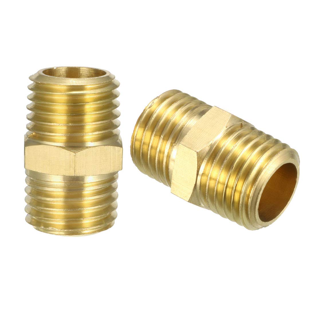 sourcing map Brass Pipe Fitting, Hex Nipple, 1/4" NPT x 1/4" NPT Male Pipe, Pack of 2