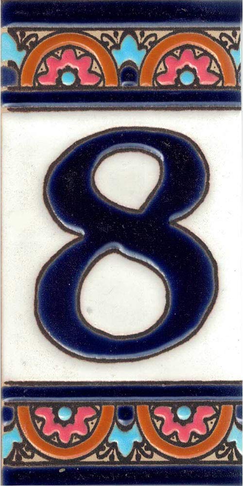 TORO DEL ORO House numbers. Numbers and letters in tile. Enameled ceramic, hand painted technical dry rope. Names and addresses. Blue bow design 5.5x10.5cm (number eight "8")