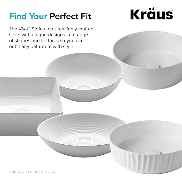 KRAUS VIVA™ ROUND WHITE PORCELAIN CERAMIC VESSEL BATHROOM SINK, 16 1/2 IN. D X 5 1/2 IN. H, KCV-200GWH