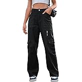IVIR Cargo Pants Women High Waist Wide Leg Casual Pants with 7 Pockets Stretchy Drawstring Baggy Y2K Trousers