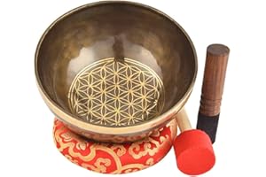 ABOONLYS Himalayan Singing Bowl Set — 100% Handmade 8" Meditation Sound Bowl Handcrafted in Nepal with Mallet Striker & Cushion for Spiritual Healing, Mindfulness, Yoga & Relaxation, Flower of Life