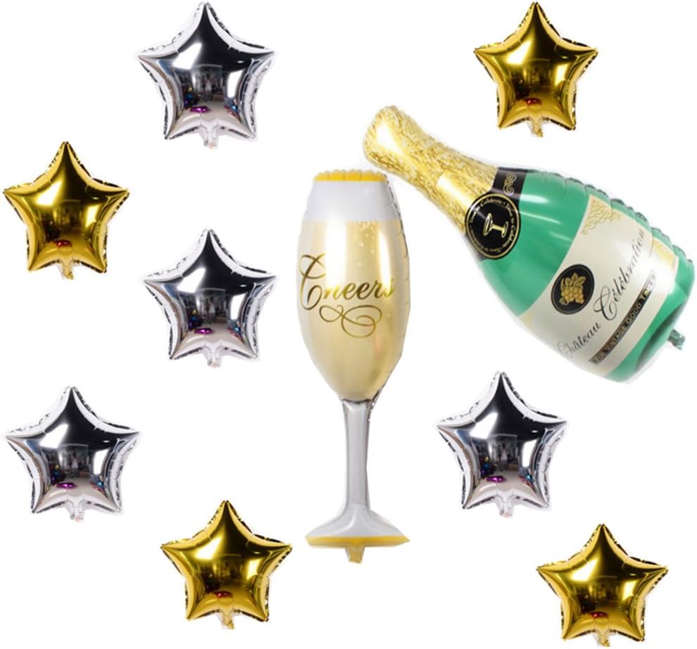 WeSurprise Giant 40'' Aluminum Film Party Balloons Champagne Bottle Goblet Mylar Balloons And 8Pcs 10'' Gold Sliver Star Foil Balloons For Party Anniversary Decorations Free Inflator