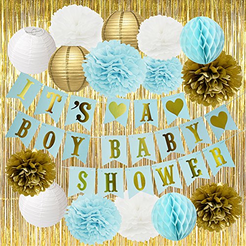 Baby Shower Decorations For Boy Blue BABY SHOWER IT'S A BOY Banner Tissue Paper Pom Poms Paper Flowers Paper Lanterns Gold Foil Curtain Blue/White/Gold Baby Shower Party Decorations For Boy