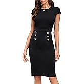 Kikibell Women's Work Office Pencil Dresses Crewneck Cap Sleeve Double Breasted Lightweight Business Shift Dress