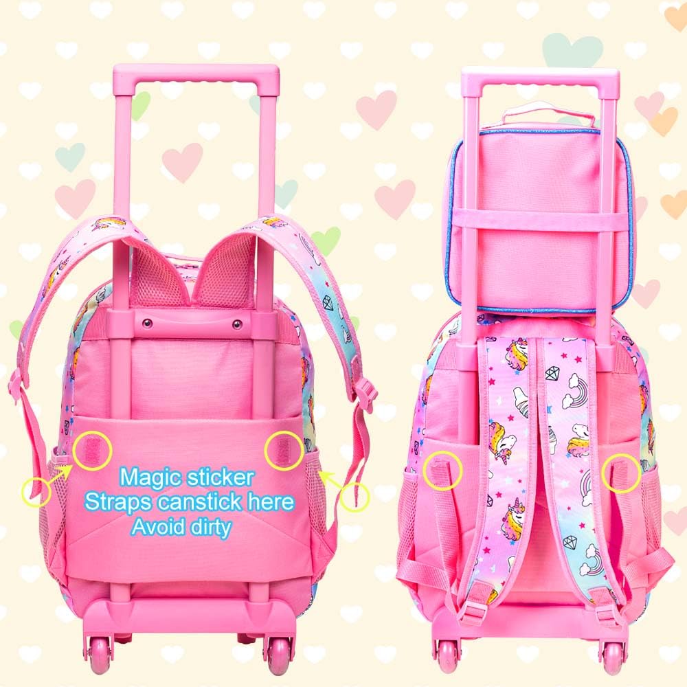 AGSDON 3PCS Rolling Backpack for Girls Boys, Kids Roller Wheels Bookbag, Wheeled School Bag with Lunch Bag