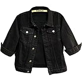 happlan Women's 3/4 Sleeve Short Denim Jacket Lapel Button Down Cropped Trucker Jean Jackets Coats