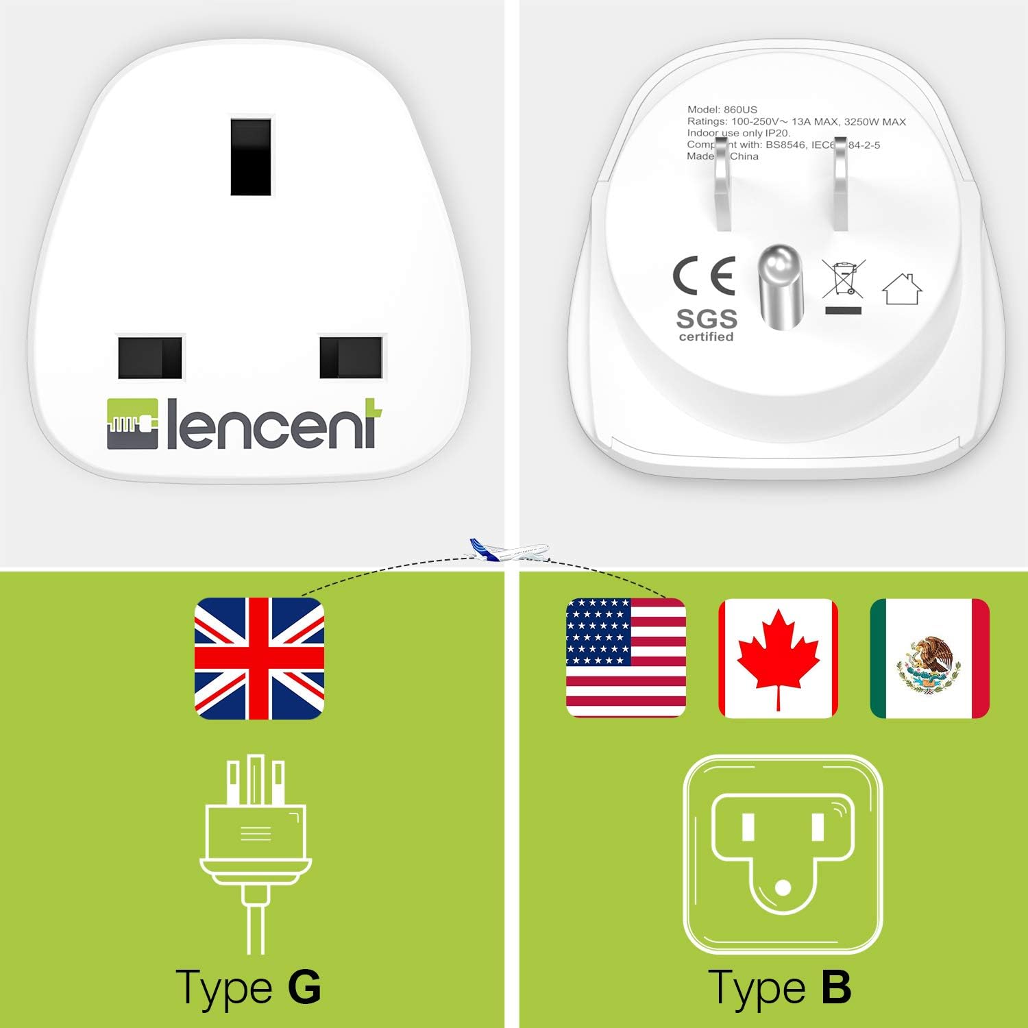 UK to US America Plug Adapter, LENCENT 2 Pack Grounded USA Visitors Travel Converter, Converts All Type G Plugs from United Kingdom UK Singapore Malaysia UAE Ireland Malta Hongkong and etc. (Type B): Home Audio & Theater