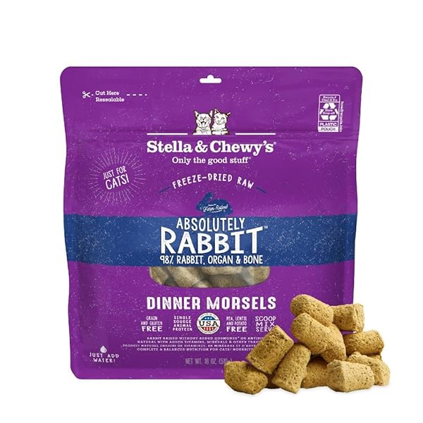 STELLA & CHEWY’S FREEZE-DRIED RAW CAT DINNER MORSELS – PREMIUM RABBIT RECIPE WITH 98% RESPONSIBLY-SOURCED MEAT & ORGANS – NATURAL GRAIN-FREE CAT & KITTEN FOOD – MADE IN USA – 18OZ