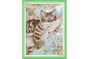 Stitchmelody 14CT Counted Cross Stitch Kits,DMC Unprinted Pattern Embroidery Set Needlework-A Lazy Cat on The Tree 8.6''×7.5''