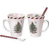 Spode Christmas Tree Peppermint 14oz Mug & Spoon Set (4-Piece) - Festive Earthenware with Candy Cane Motif, Mug for Hot Chocolate, Coffee, Holiday Mornings - Christmas Drinkware