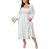 SCOMCHIC Womens Plus Size Fall Dresses Long Sleeve Square Neck Wedding Guest Smocked Flowy Boho Country Western Maxi Dress