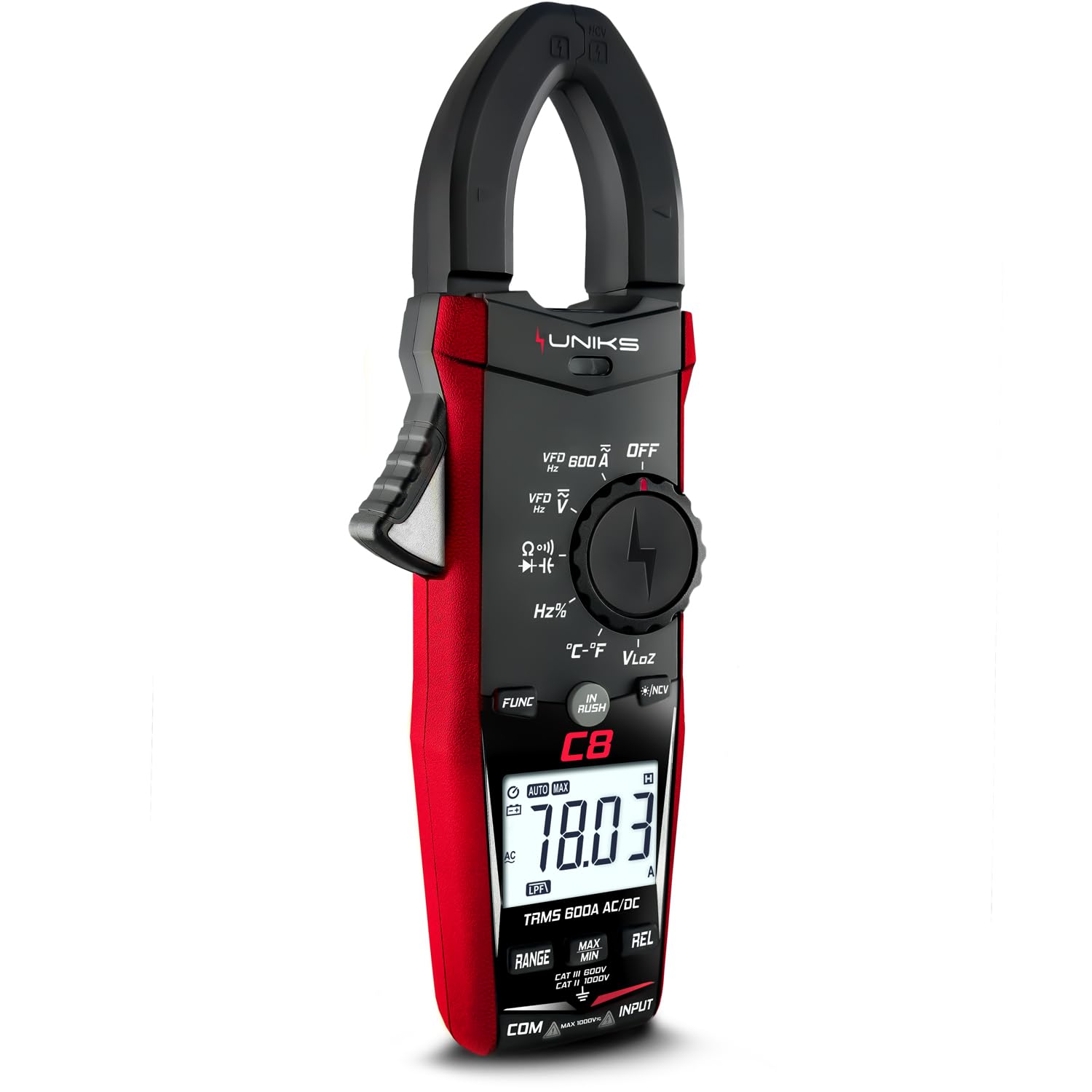 UNIKS - Digital Ammeter Clamp TRMS C8 - Professional Digital Tester 600A - AC-DC Current Meter LCD Display and LED Light - Digital Ammeter Ideal for Photovoltaic (C8)