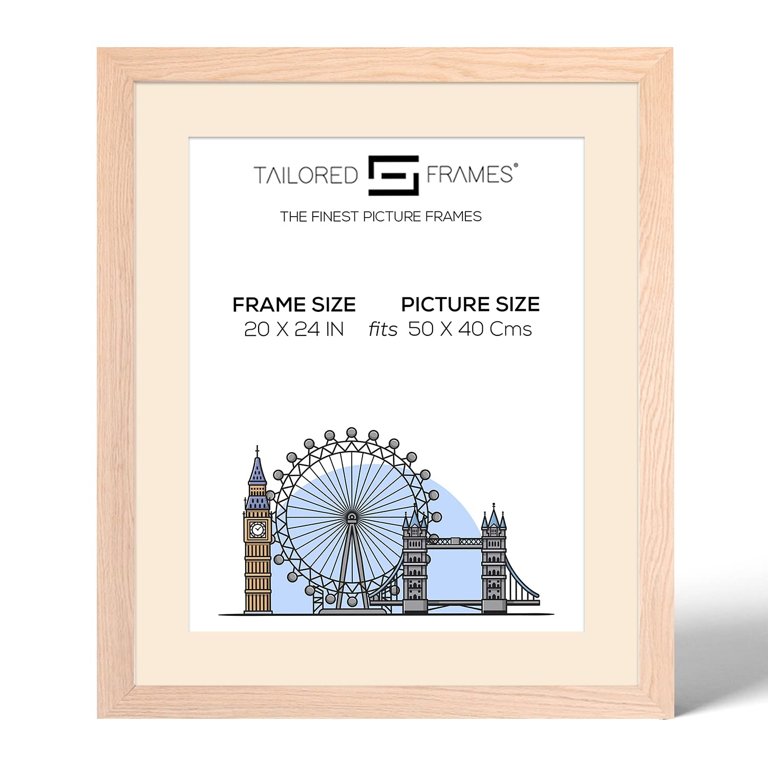 Tailored Frames 99 Solid Natural Oak 24" x 20" Frame for 50 x 40Cm Picture | Single Picture Frames | Wall Hanging Type | Photo Frame with Antique Mount