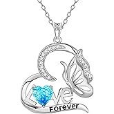 Aurora Tears Birthstone Love Heart Butterfly Pendant Necklace - 925 Sterling Silver Firework-Cut Cubic Zirconia Love Forever Necklace Anniversary Birthday Jewelry Gift for Women Wife Mom Daughter