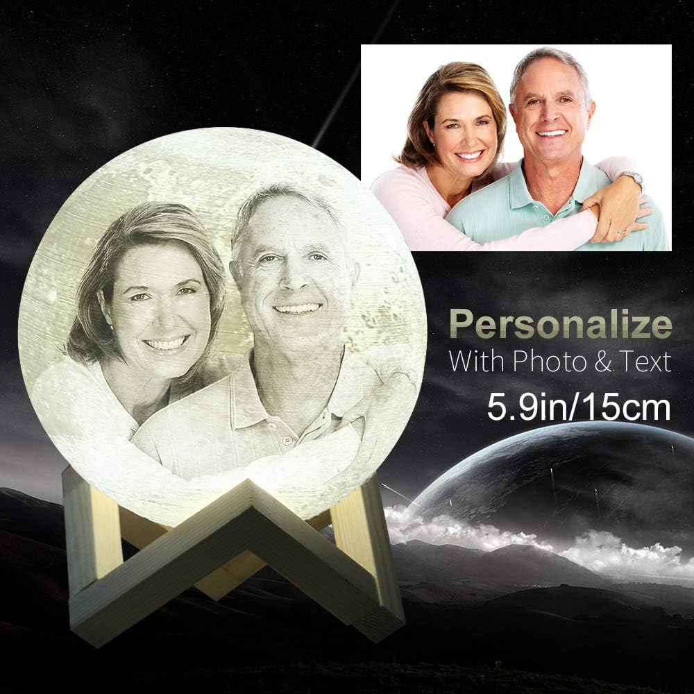Customizable Moon Lamp Night Light with Your Own Picture & Text, 3D Printed Moon Lantern with Stand and Touch Control for Changing Color and Brightness (5.9 Inches, 15cm)