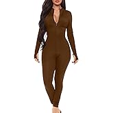 Mizoci Women's Sexy One Piece Jumpsuit Bodycon Long Sleeve V Neck Zipper Full Bodysuit