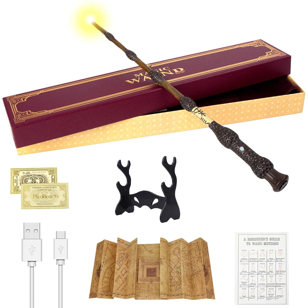 Elder's Wand, 15" Lighted Dumbledore Wand, USB Charging Elder's Wand Harry Potter, Dumbledore Magic Wand in Gift Box with Card, Station Ticket, Map and Stand